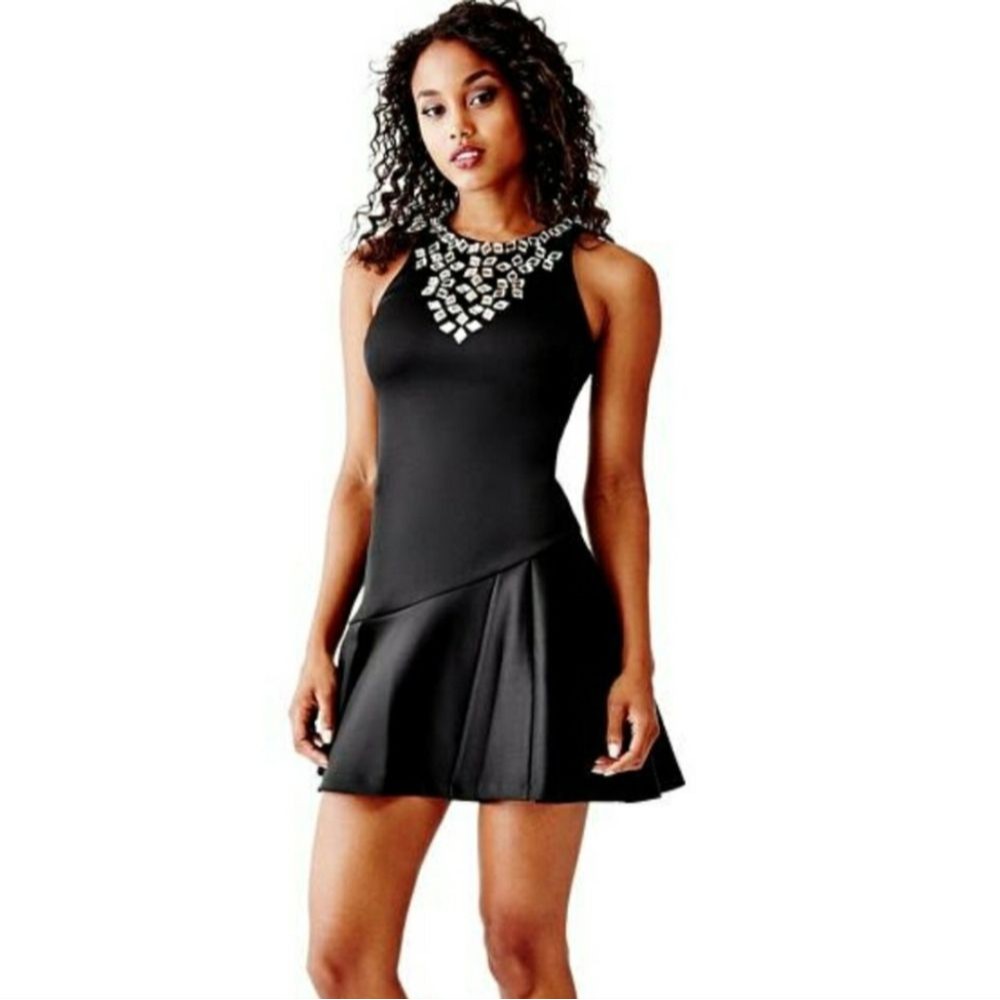 Guess Little Black Dress Cocktail Bling Scuba Mirror Bib Tank Sleeveless - Xs